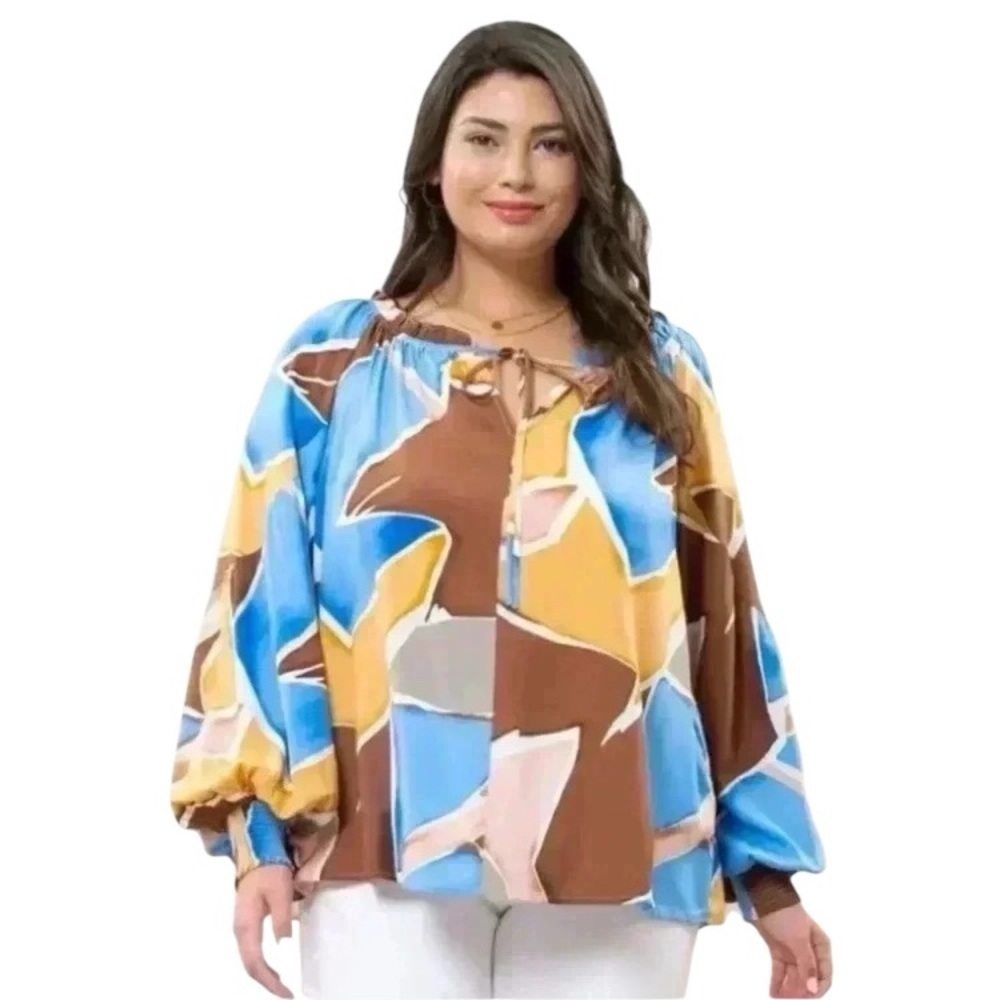 Womens Abstract Peasant Brown Gold Blue Pink Long Sleeve Perch Blouse 2X